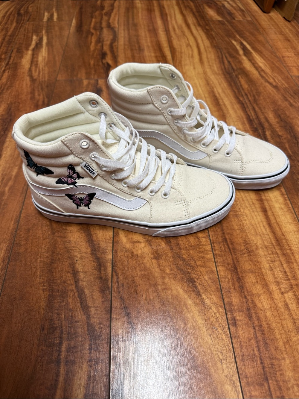 Vans Cream High-Top Sneakers with Pink & Black Butterfly Embroidery